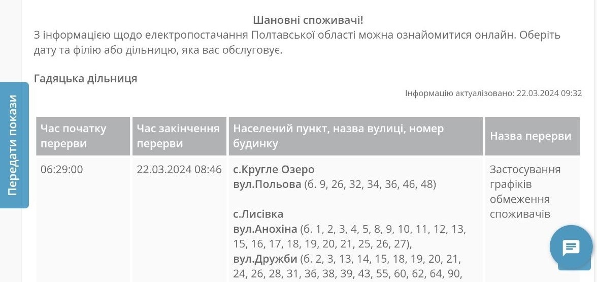 Скриншот із сайту "Полтаваобленерго"